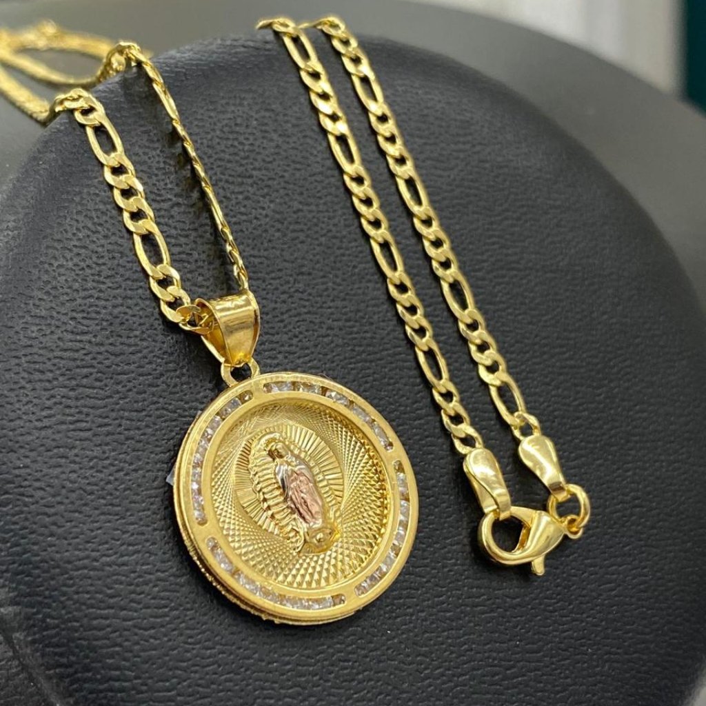 14k Yellow Gold Filled Virgen De Guadalupe Necklace Figaro Chain Catholics Charm 45$
